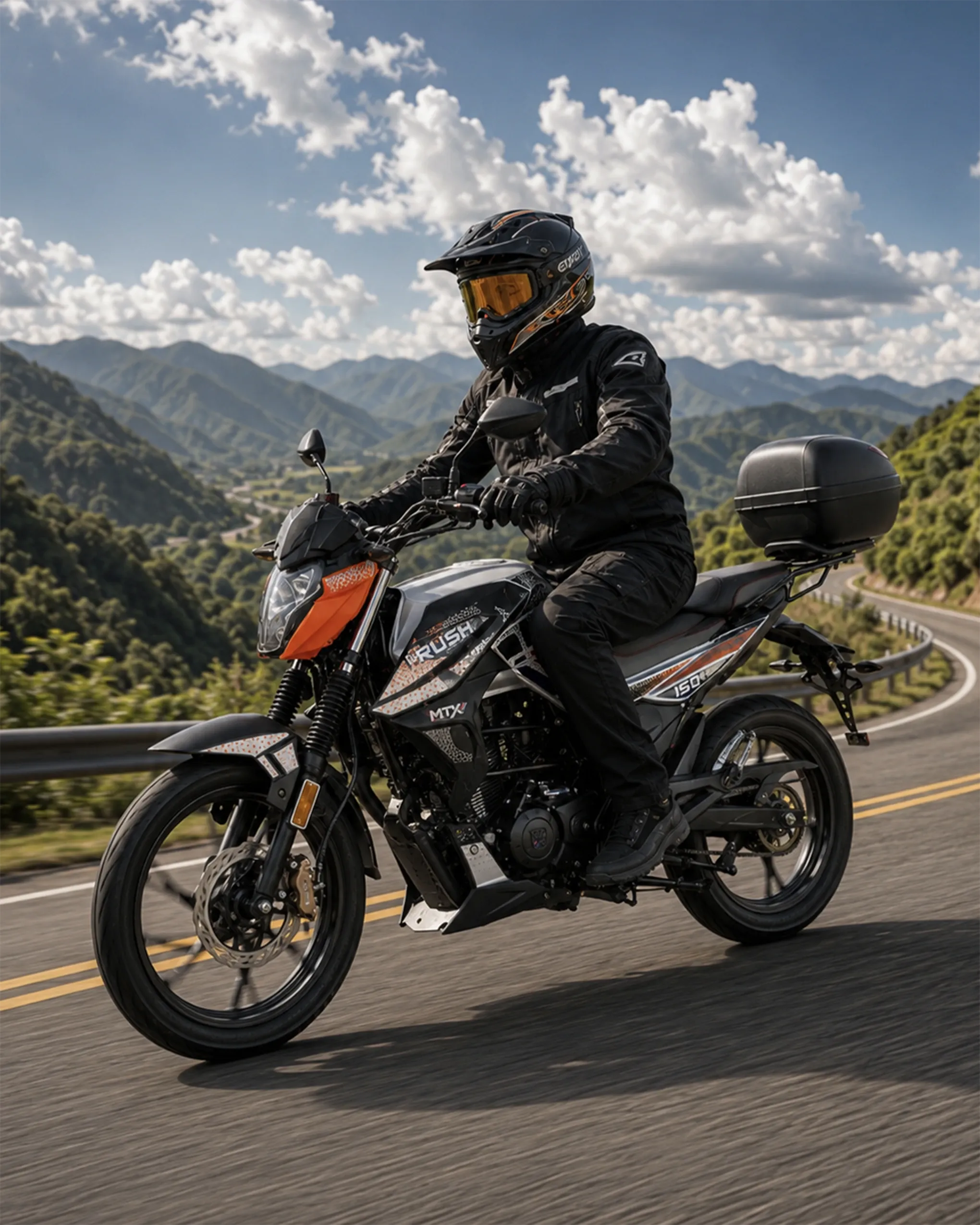 Piloto en una MTX Rush 150 por carretera de montaña